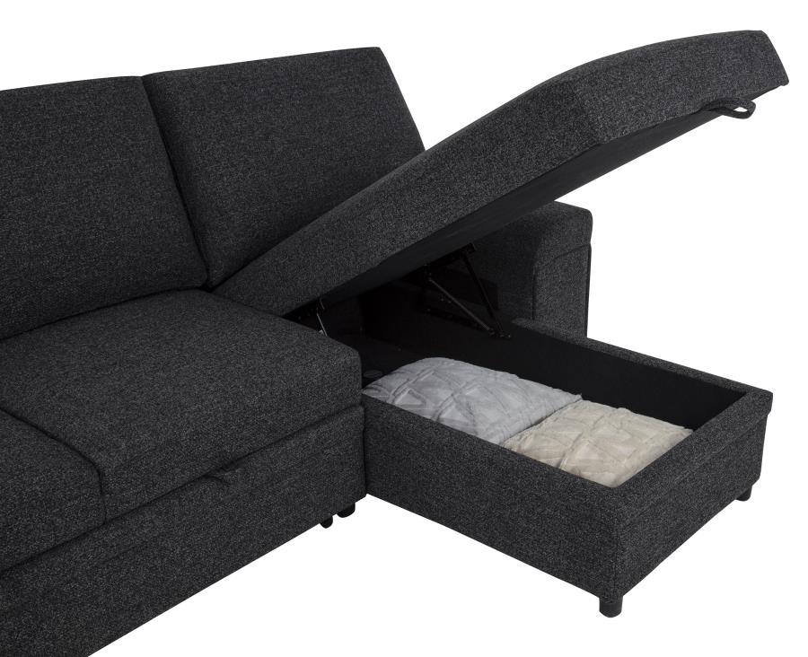 Demko Black Linen-Like Fabric Sleeper Sectional Sofa with Storage Chaise, Bluetooth & USB Charging – 500357 — product view 4