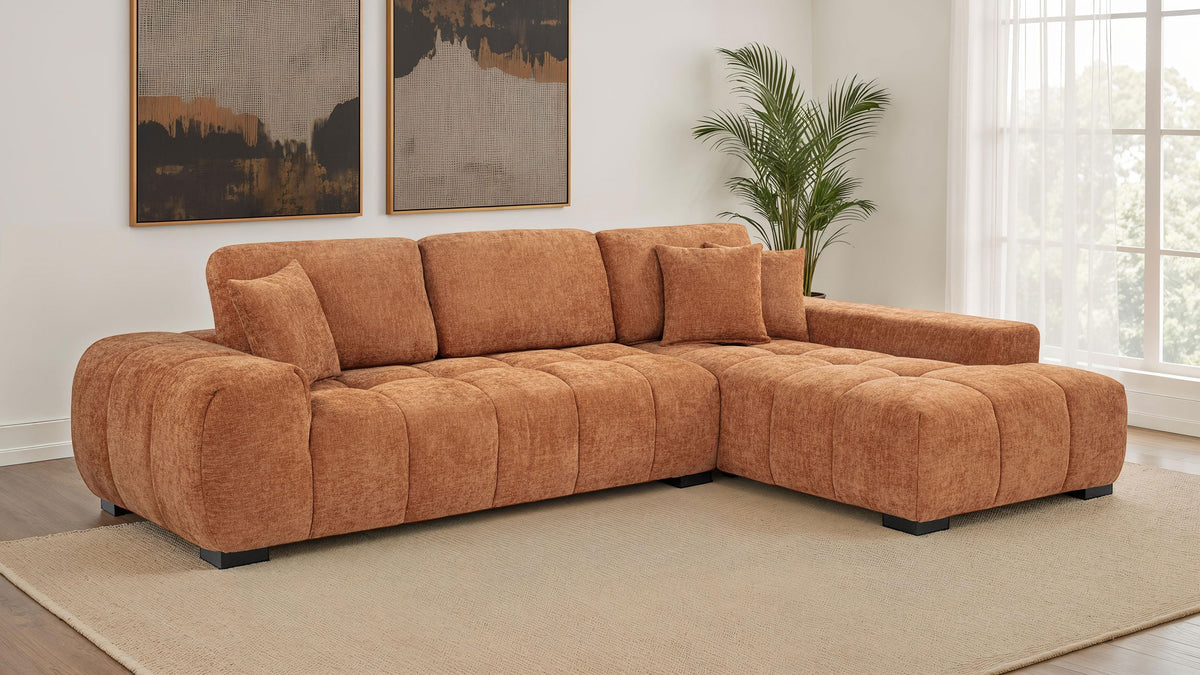 Octavia Orange Fabric Grid-Tufted Mid-Century Modern Sectional Sofa with Chaise – 509350 — product view 1