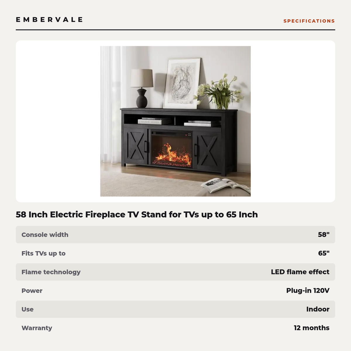 58 Inch Electric Fireplace TV Stand for TVs up to 65 Inch, Farmhouse Media Console Entertainment Center for Living Rooms — product view 3