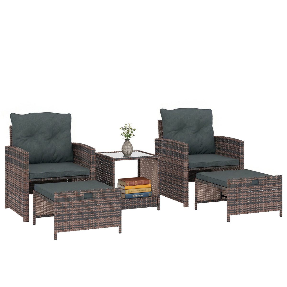 5-Piece Wicker Patio Set with Ottomans and 2-Tier Glass Table, Brown, Dark Grey — product view 1