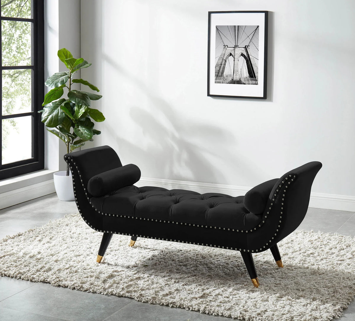 Black Velvet Tufted Bedroom Entry Bench with Nail Head Trim – 5312-BK — product view 1