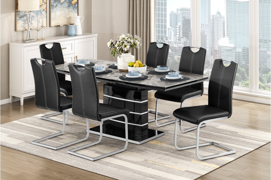 Black High Gloss Sintered Gray Stone Top Modern Dining Table Set – 5599N-71-7PC — product view 1