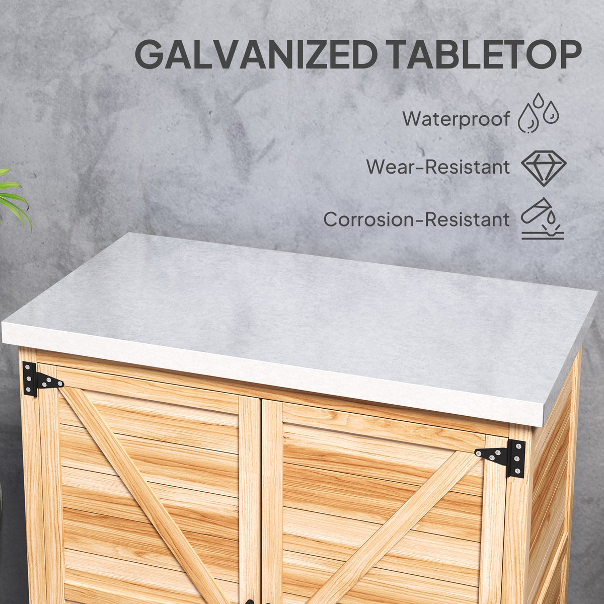 Garden Storage Cabinet with Metal Top, Shelf and Double Doors, Natural — product view 7
