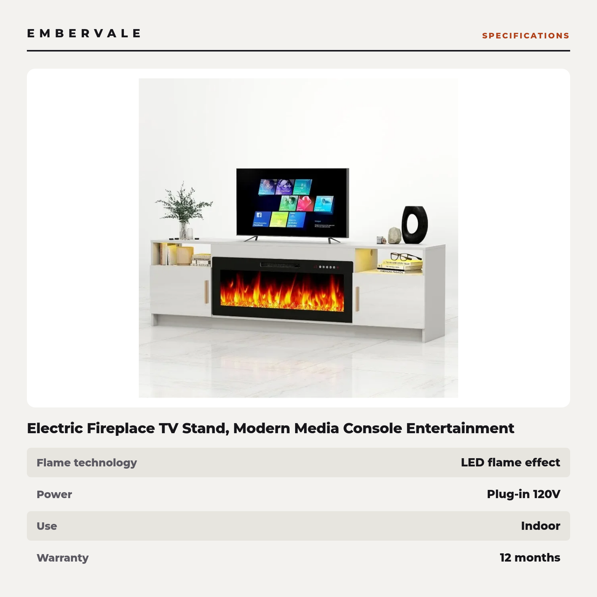 Electric Fireplace TV Stand, Modern Media Console Entertainment Center, Adjustable LED Flame for Living Rooms — product view 3