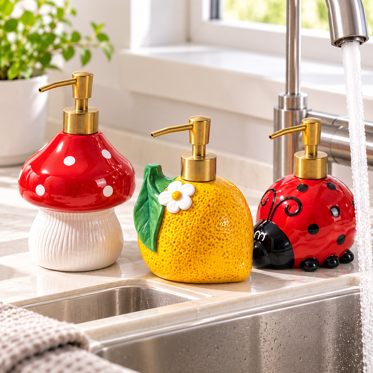 Ceramic Ladybug-Shaped Soap Dispenser with Metal Pump LoungeYard — product view 1