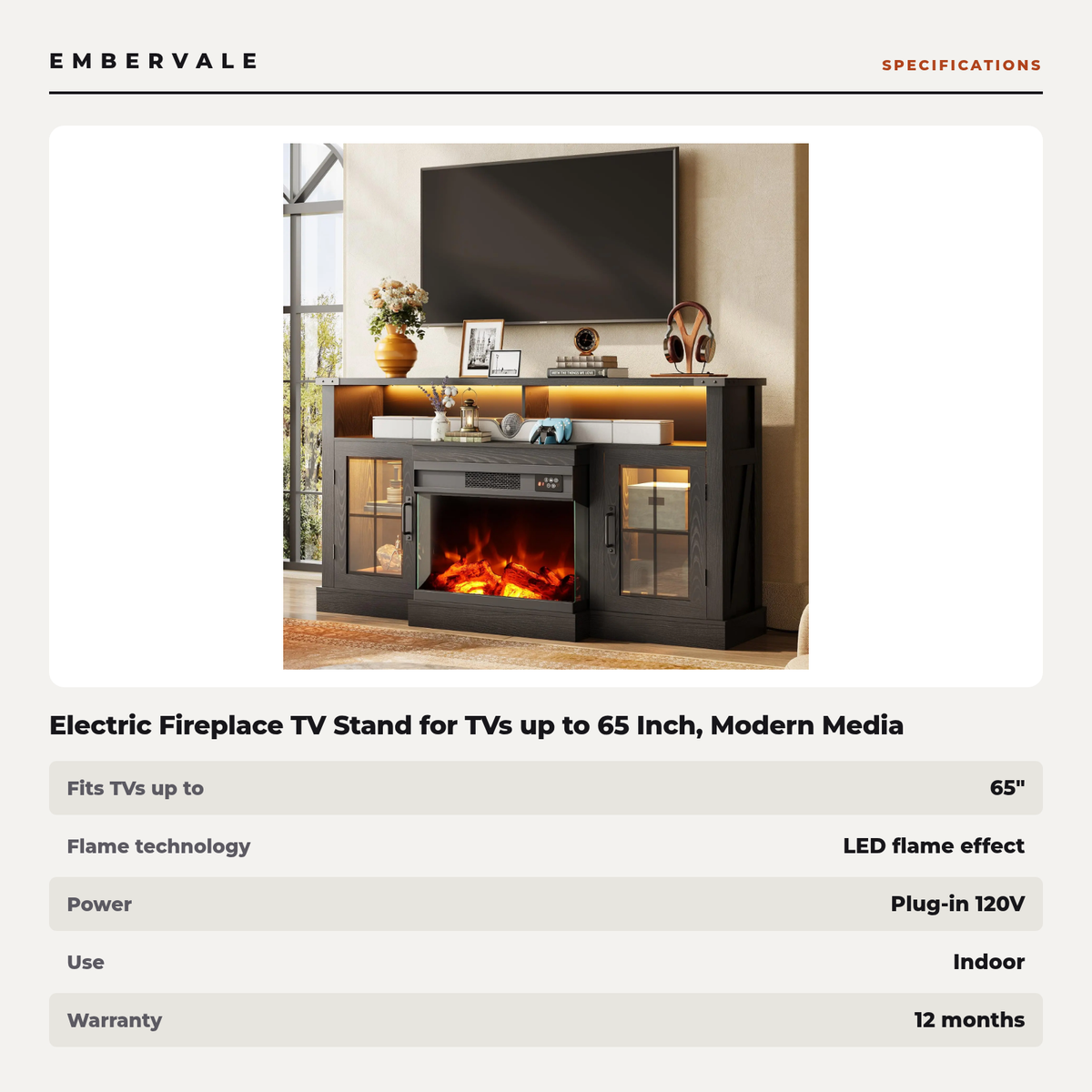 Electric Fireplace TV Stand for TVs up to 65 Inch, Modern Media Console Entertainment Center, Adjustable LED Flame for Living Rooms — product view 3