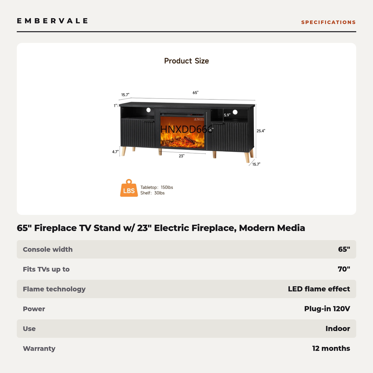 65" Fireplace TV Stand w/ 23" Electric Fireplace, Modern Media Entertainment Center Console Table for TVs up to 70" — product view 3