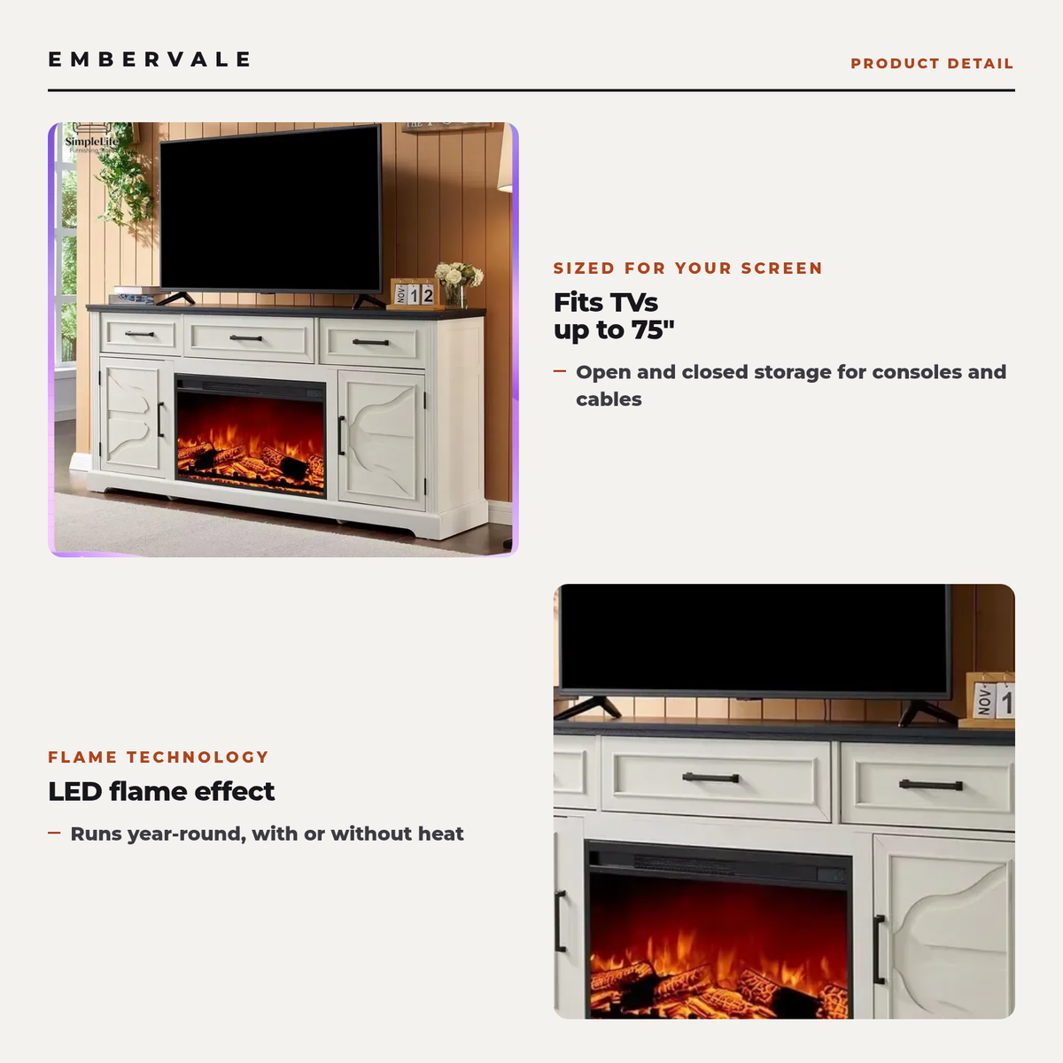 Fireplace TV Stand for TVs Up to 75 Inch, Electric Media Entertainment Center with Storage Cabinet & Console — product view 3