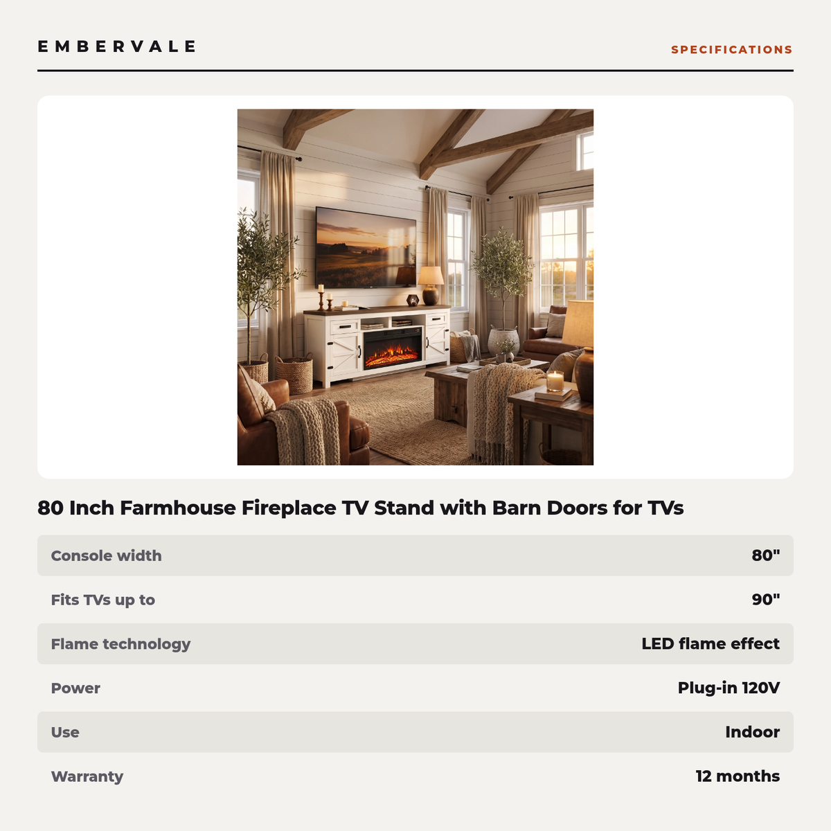 80 Inch Farmhouse Fireplace TV Stand with Barn Doors for TVs up to 90 Inch, Electric Fireplace Entertainment Center with Storage Cabinets, White — product view 4
