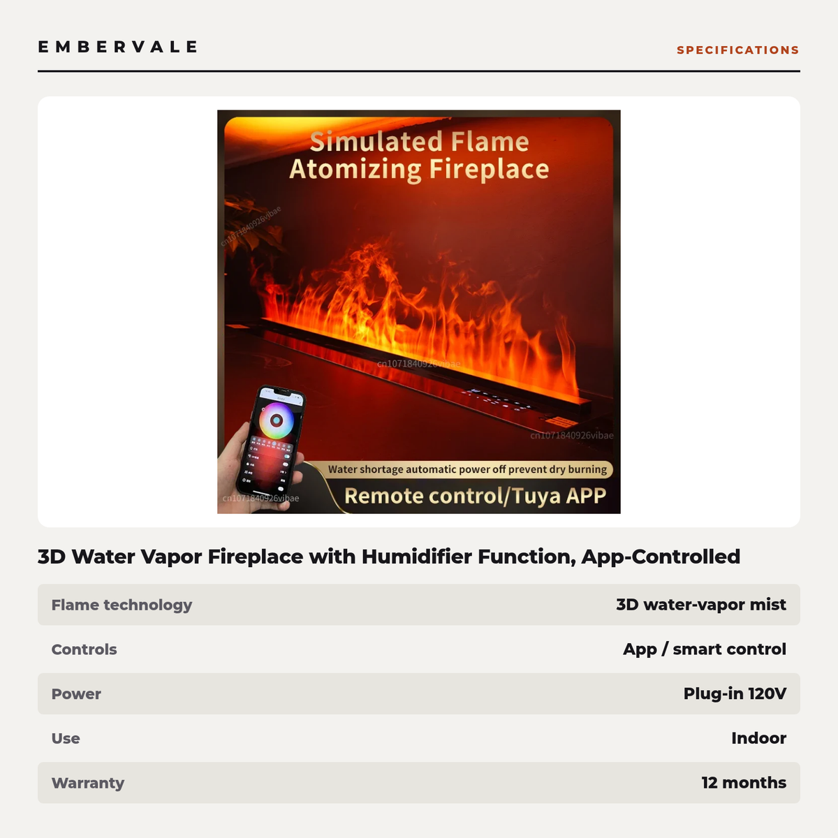 3D Water Vapor Fireplace with Humidifier Function, App-Controlled Steam Flame Electric Fireplace for Living Room & Bedroom — product view 4