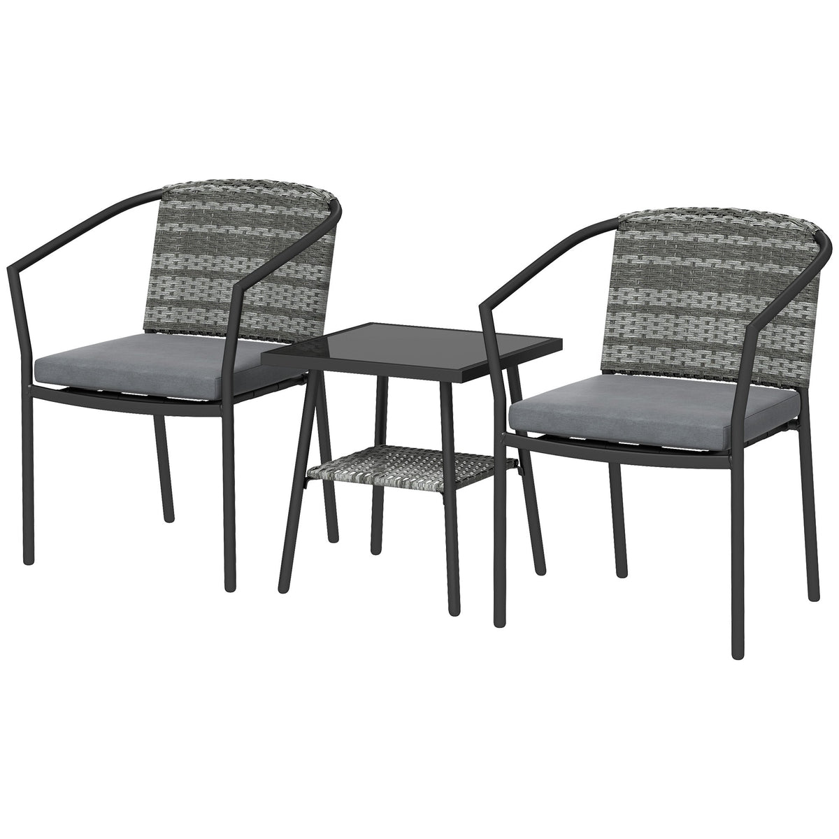 3pc Wicker Bistro Set with Cushions and 2-Tier Glass Table, Dark Grey — product view 2