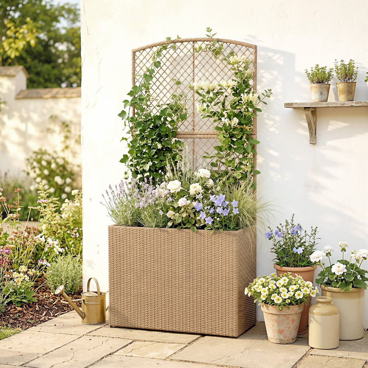 80 x 30 x 163 cm Rattan Raised Planter Box with Trellis and Liner, Light Grey — product view 4