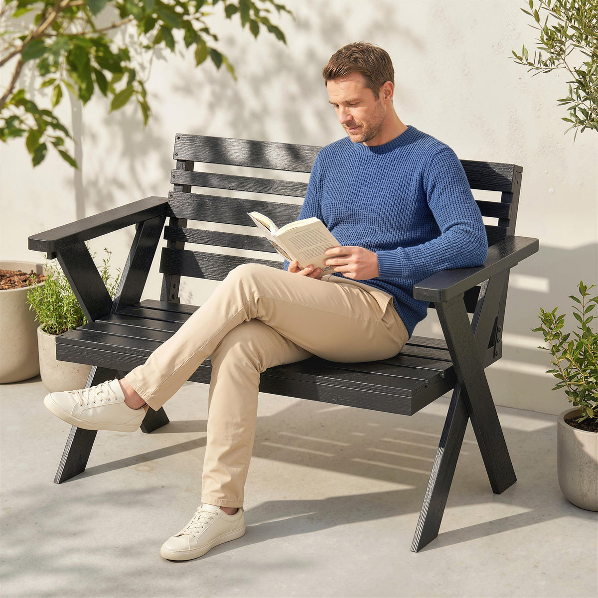 2 Seater Wooden Garden Bench with X-Frame Legs, Black — product view 4