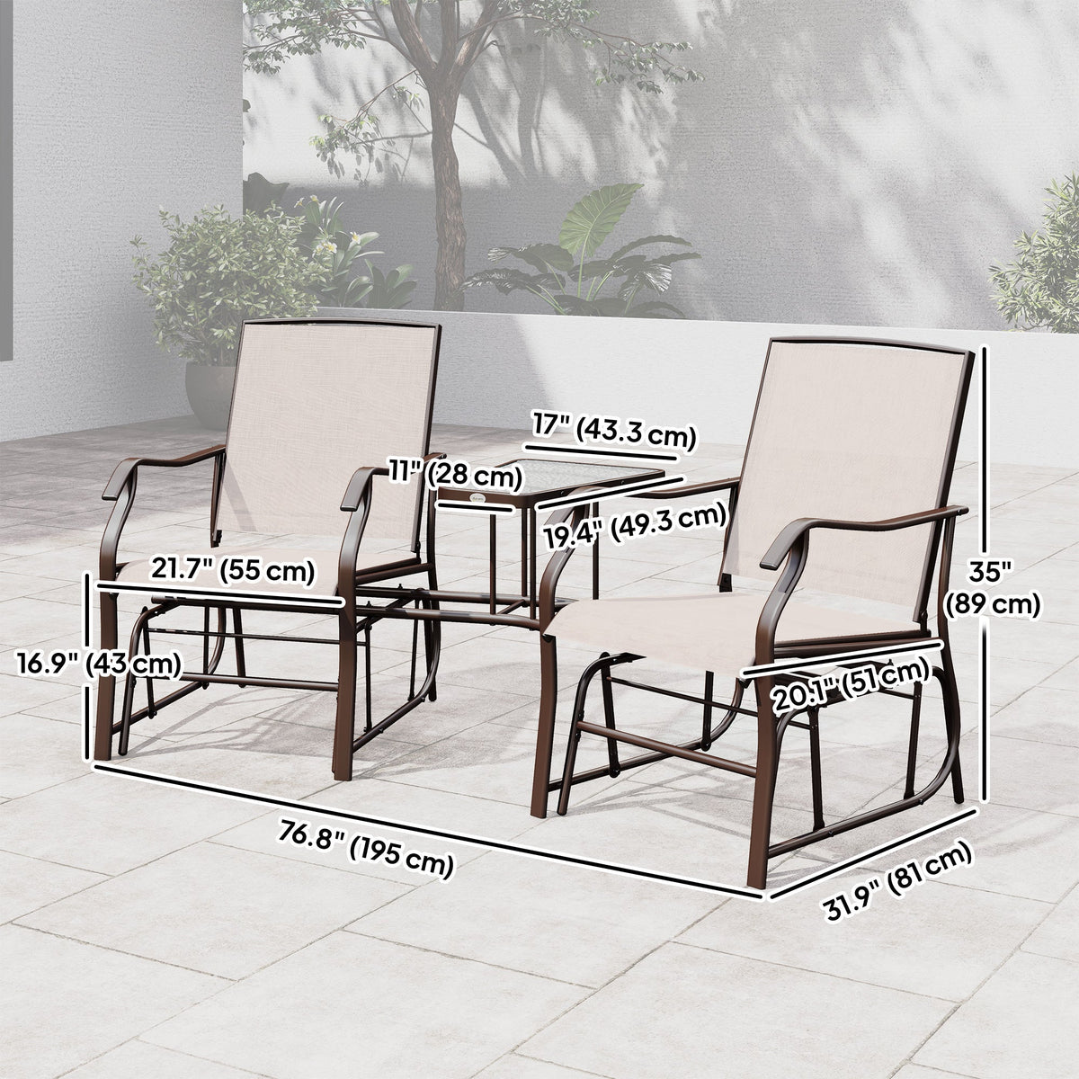Double Patio Glider Chair with Glass Top Center Table, All Weather Breathable Mesh Fabric, Beige — product view 5