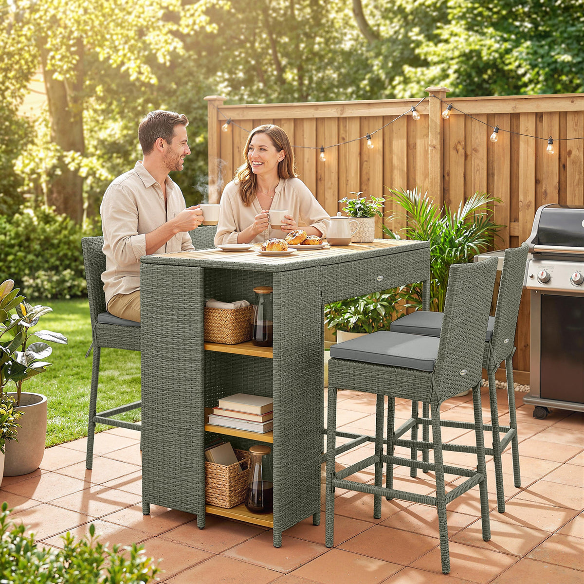 5 Piece Outdoor Bar Set with Storage Table and Cushions, Gray — product view 4