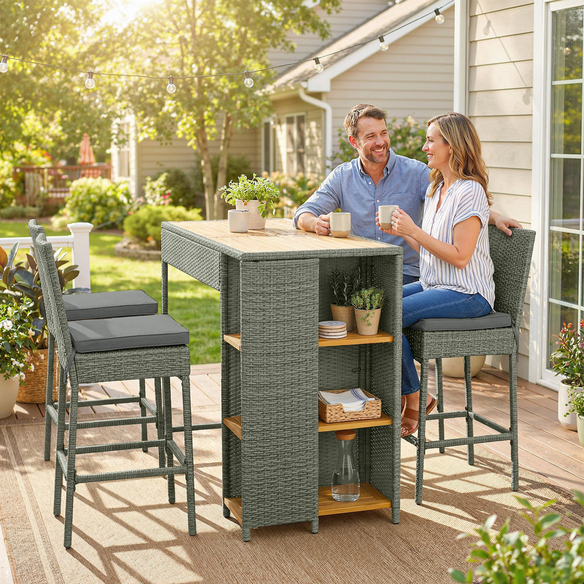 5 Piece Outdoor Bar Set with Storage Table and Cushions, Gray — product view 3