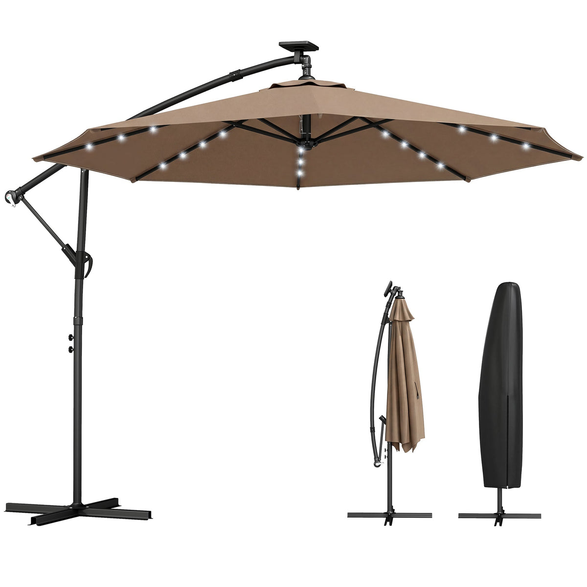 9.7 ft Cantilever Patio Umbrella with Solar LED Light and Cover, Khaki — product view 2