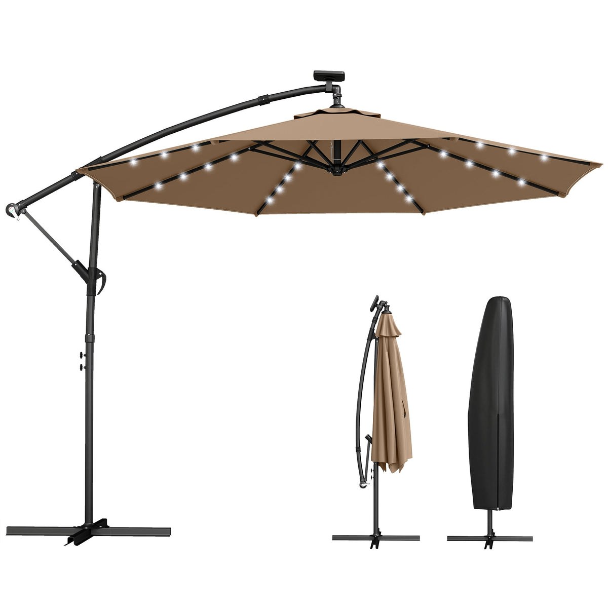 9.7 ft Cantilever Patio Umbrella with Solar LED Light and Cover, Khaki — product view 1