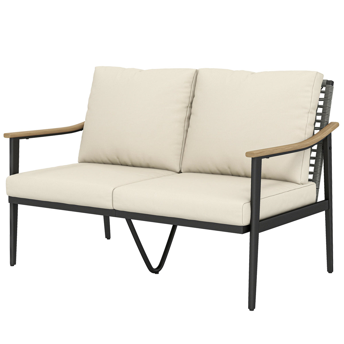 2 Seater Rattan Sofa with Wood-Effect Armrests, Khaki — product view 2