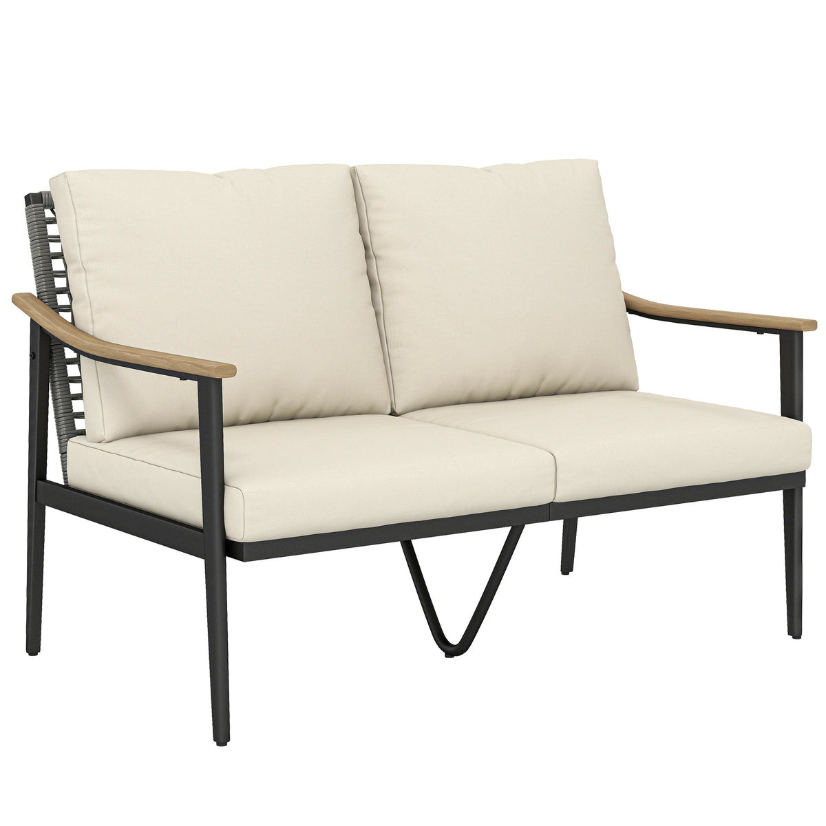 2 Seater Rattan Sofa with Wood-Effect Armrests, Khaki — product view 1