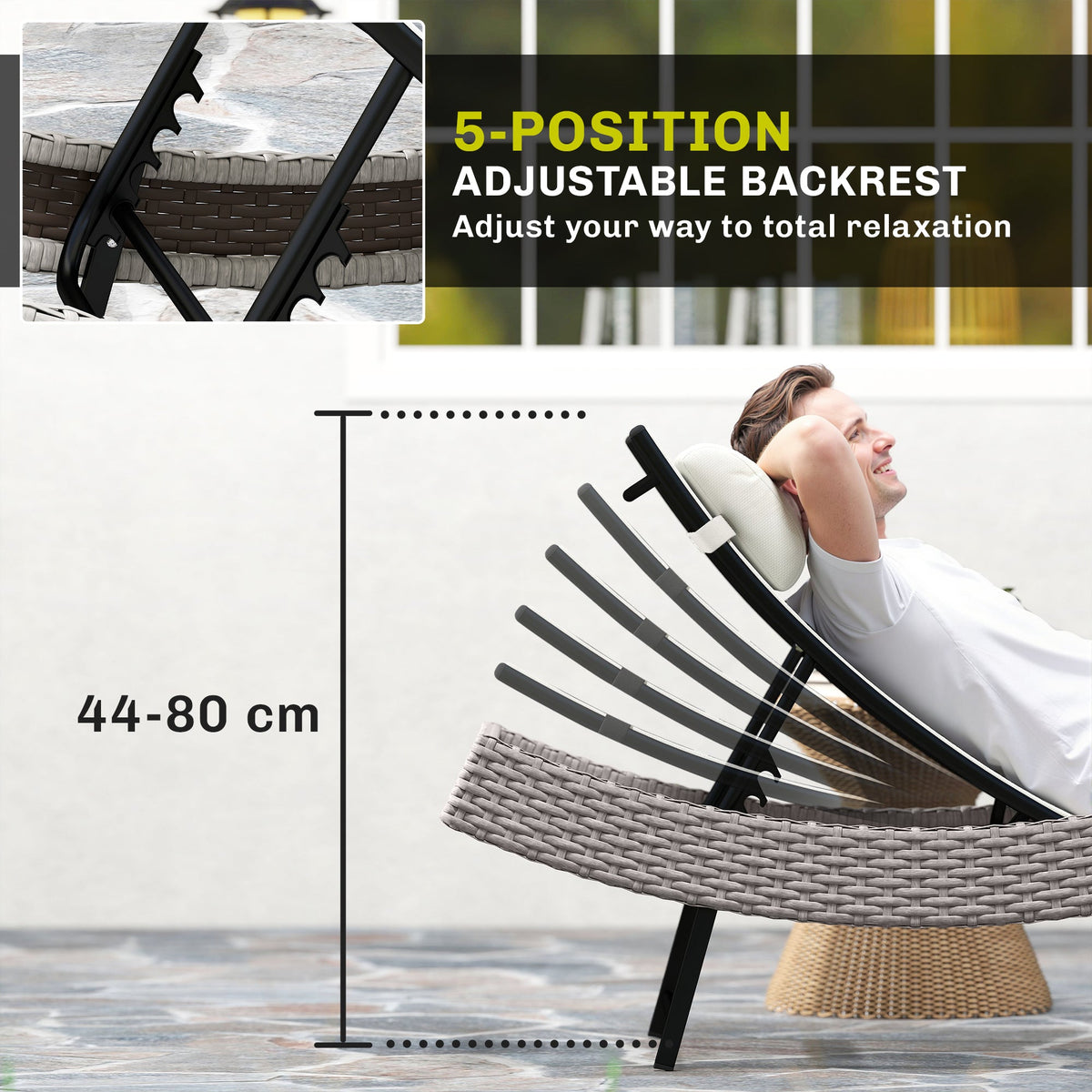 Rattan Sun Lounger with S-Shaped Seat and 5-Position Backrest, Cream White — product view 7
