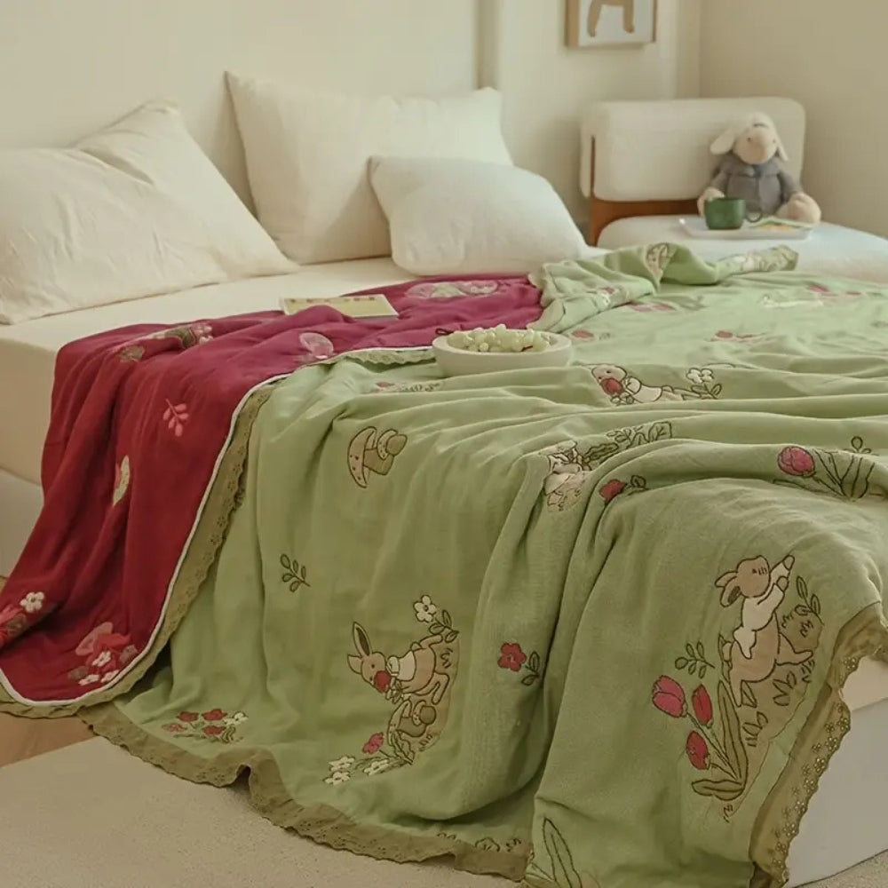 LoungeYard | Embroidered Bunny Floral Cotton Blanket — product view 4