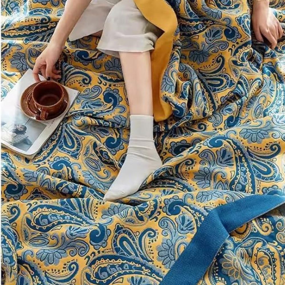 LoungeYard | Azure Golden Retro Cotton Blanket — product view 5