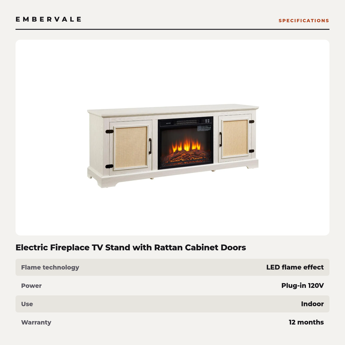 Electric Fireplace TV Stand with Rattan Cabinet Doors, Modern Media Console Entertainment Center for Living Rooms — product view 3
