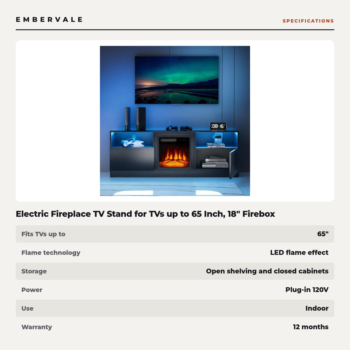 Electric Fireplace TV Stand for TVs up to 65 Inch, 18" Firebox for Living Rooms — product view 3