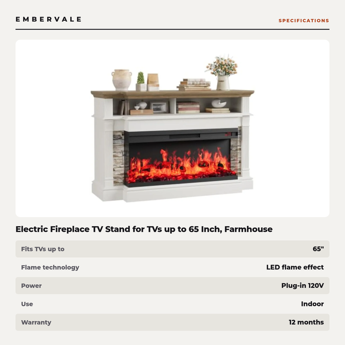 Electric Fireplace TV Stand for TVs up to 65 Inch, Farmhouse Media Console Entertainment Center for Living Rooms — product view 3
