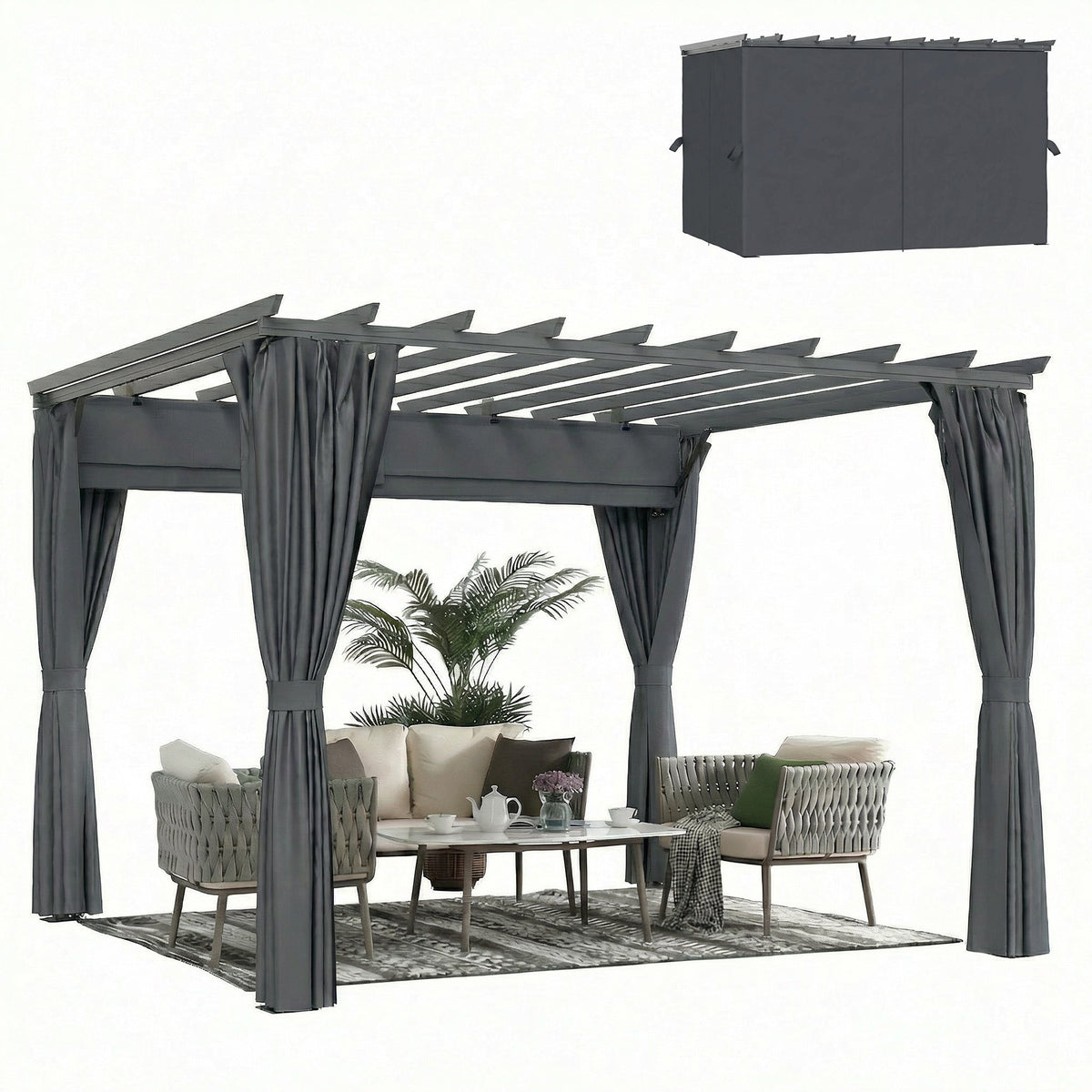 3.6 x 3 m Pergola with Retractable Roof and Curtains, Dark Grey — product view 1