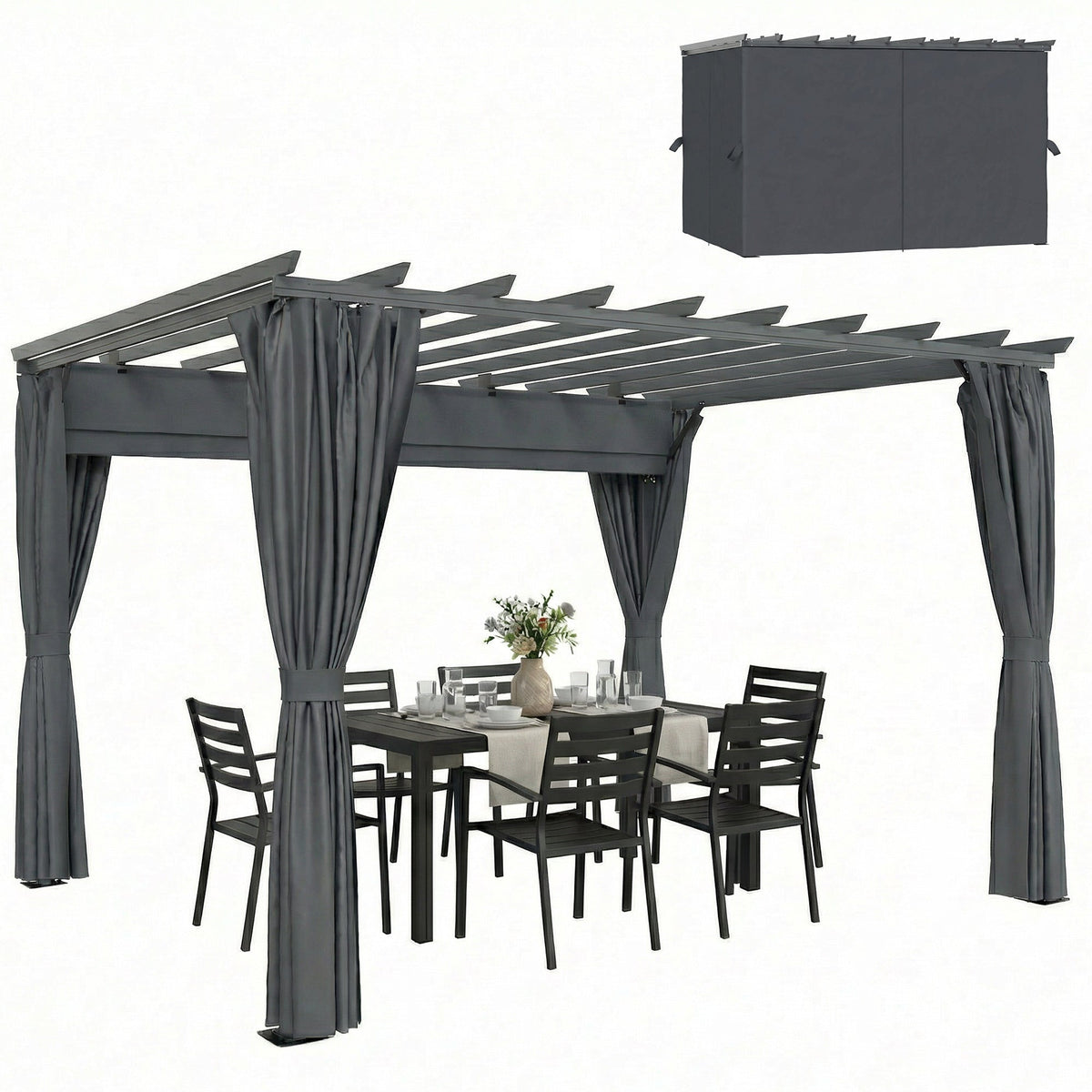 3.6 x 3 m Pergola with Retractable Roof and Curtains, Dark Grey — product view 2