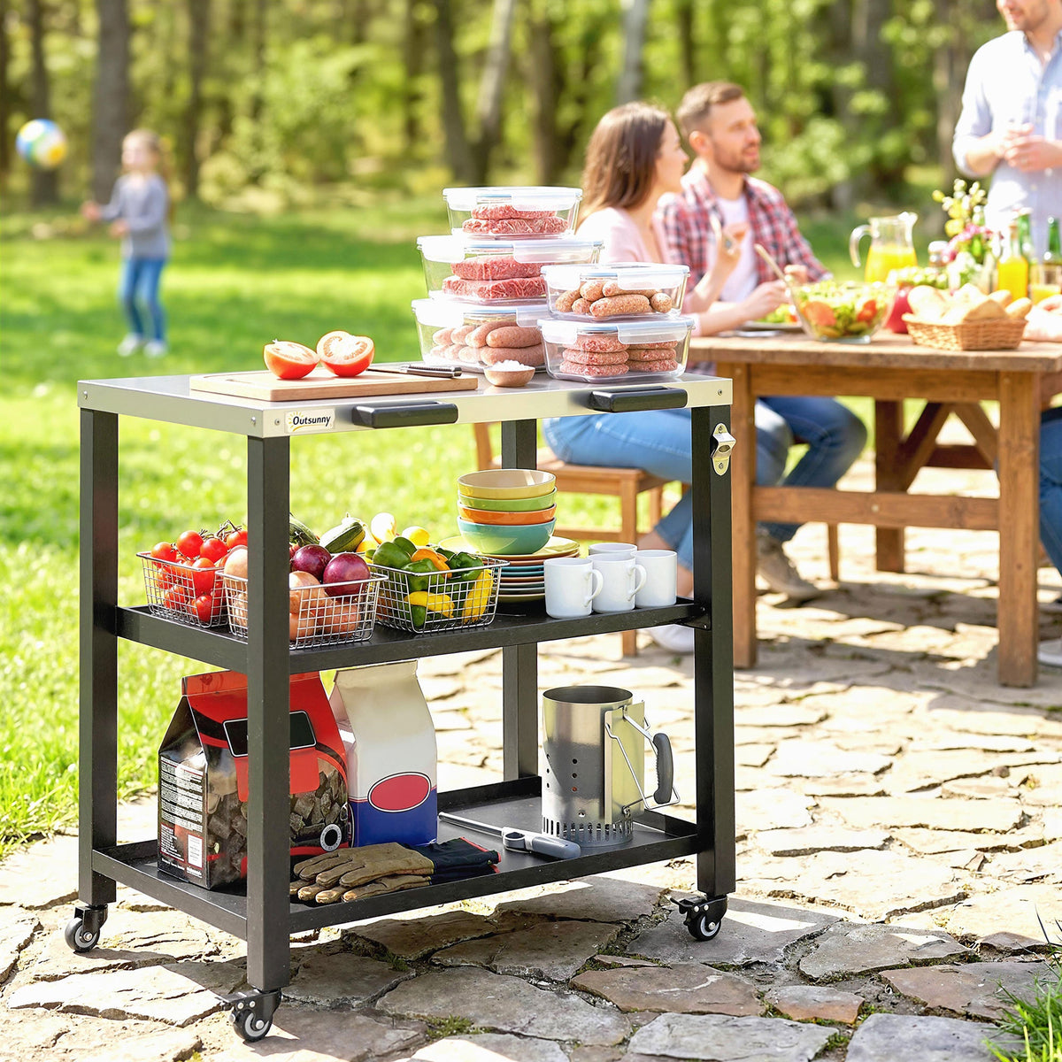 Outdoor Grill Cart with Stainless Steel Top, 2 Shelves and Lockable Wheels, Black — product view 4
