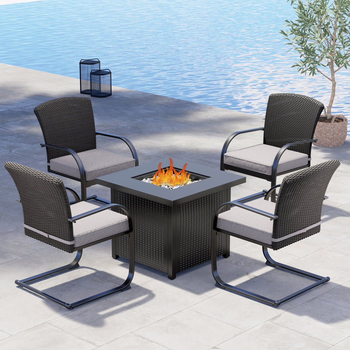 LOUNGE YARD 5-Piece Outdoor Dining Table Set with Fire Pit, 4 Outdoor Spring Dining Chairs — product view 7