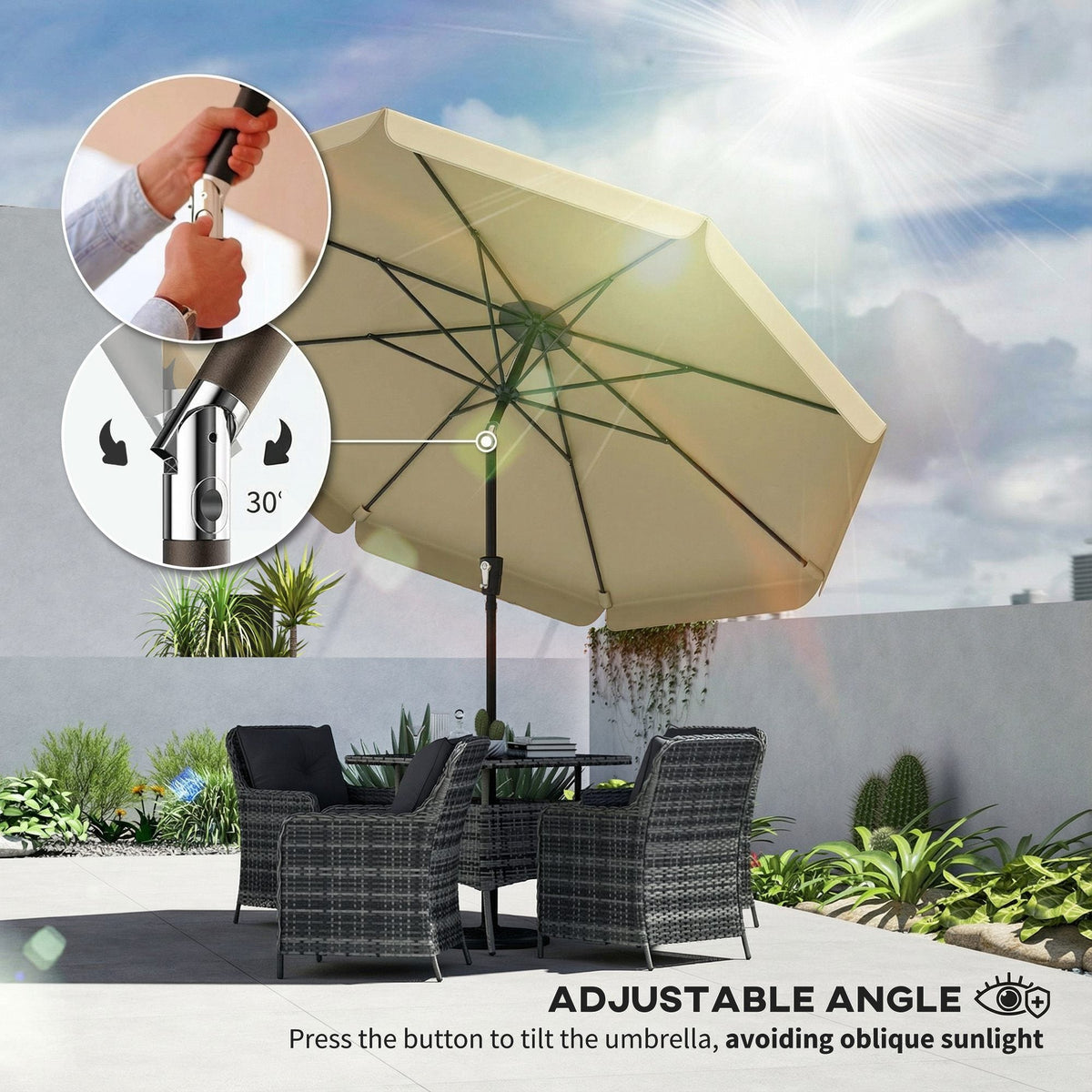 10ft Patio Umbrella with Push Button Tilt and Crank, Khaki — product view 6