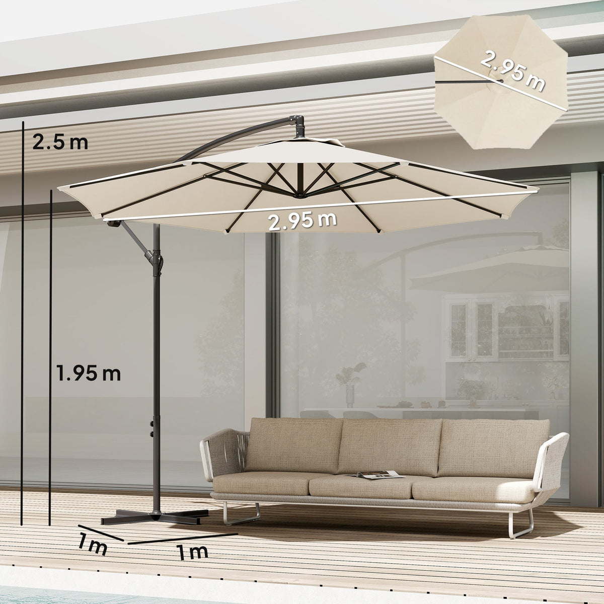 3 m Banana Parasol with Crank Handle, 8 Ribs & Cross Base, Cream White — product view 5
