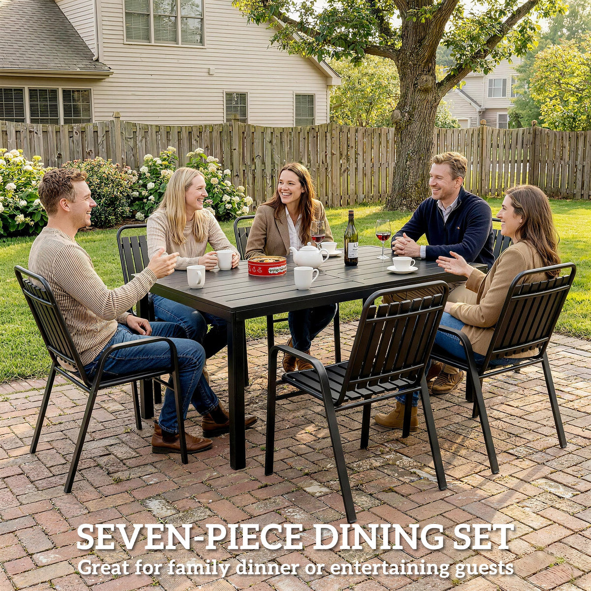 7 Piece Garden Dining Set with Stackable Chairs and Umbrella Hole, Black — product view 6
