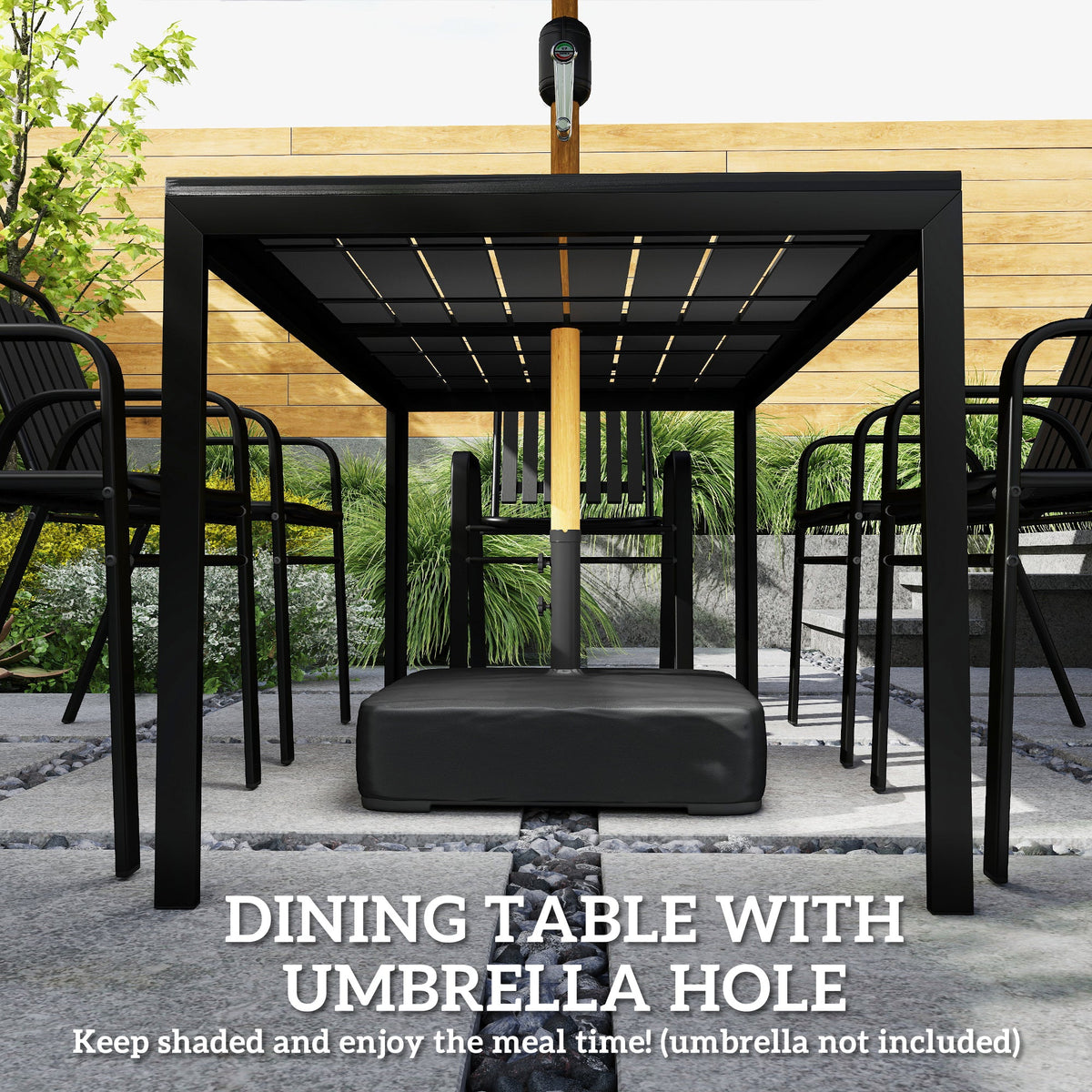 7 Piece Garden Dining Set with Stackable Chairs and Umbrella Hole, Black — product view 7