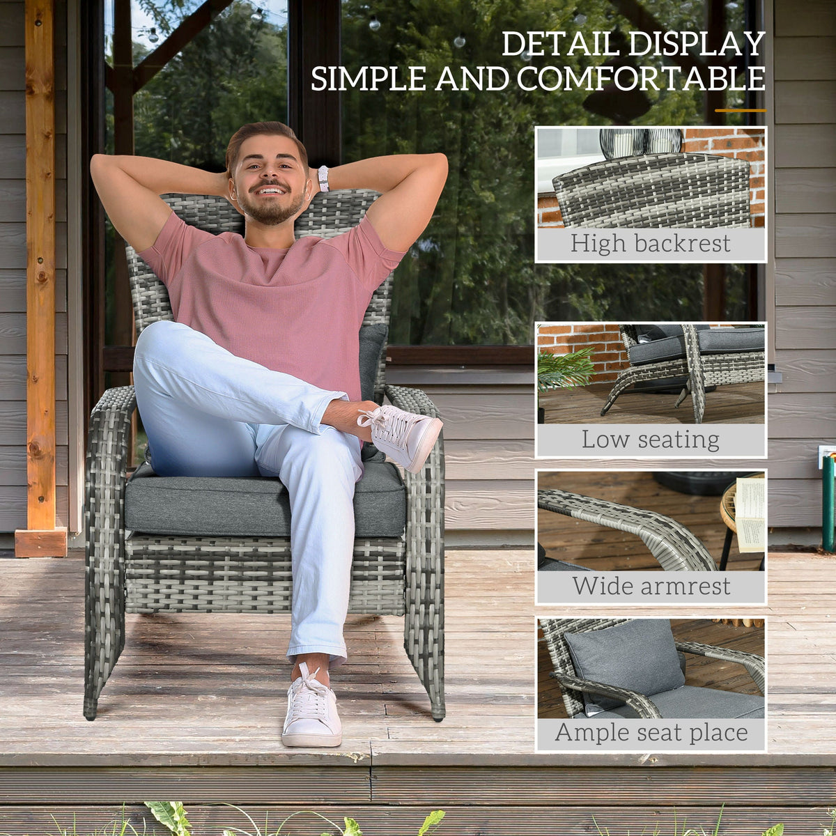 Patio Wicker Adirondack Chair with Soft Cushions and Curved Back, Grey — product view 7