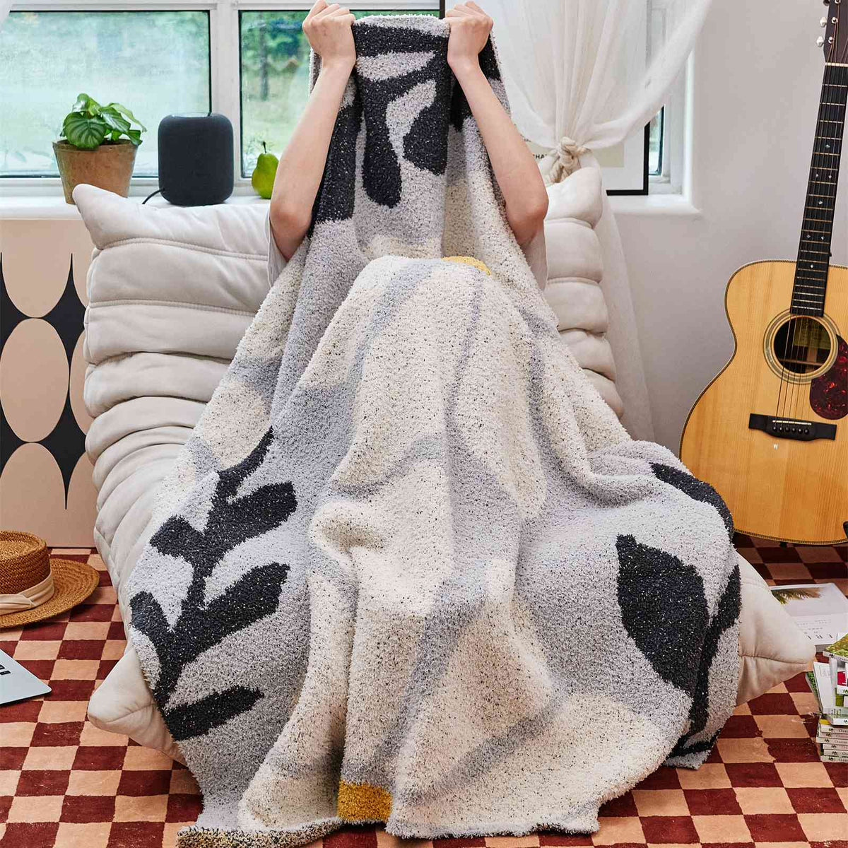 LoungeYard | Boho Floral Leaves Microfiber Knitted Throw Blanket - Soft, Cozy, and Decorative — product view 3