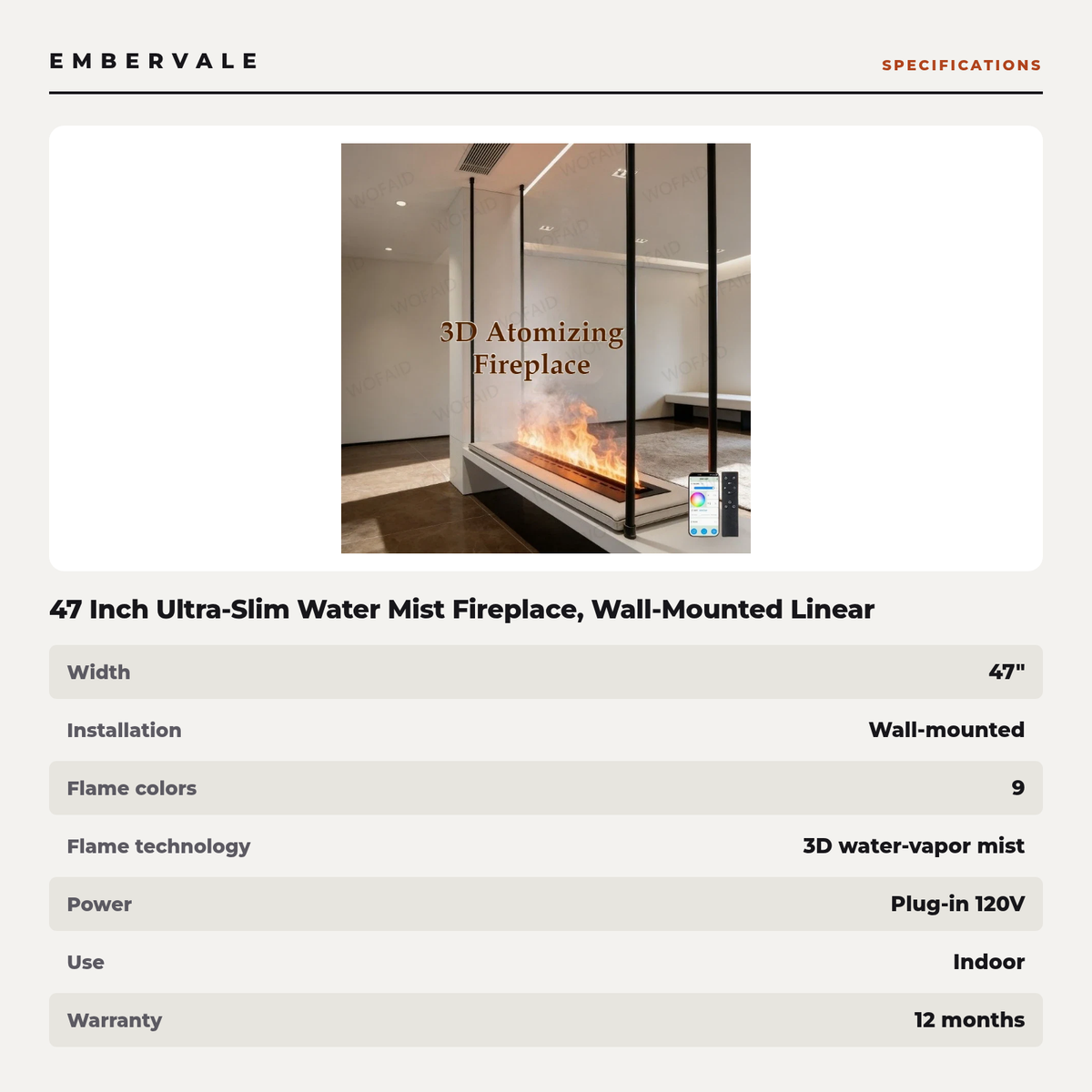 47 Inch Ultra-Slim Water Mist Fireplace, Wall-Mounted Linear Vapor Electric Fireplace with 9 Flame Colors — product view 4