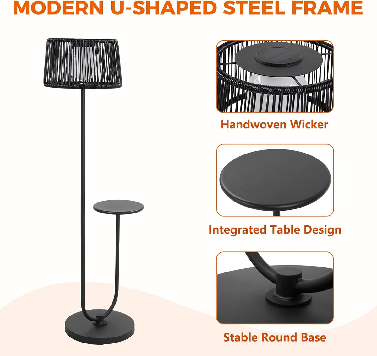 LOUNGE YARD Solar Yard Outdoor Floor Lamp with Side Table, U-Shaped Modern Metal Outdoor Lamp, 3000K Warm White, IP56 Waterproof, Patio Garden Deck Balcony Coffee Table Light, Black — product view 2