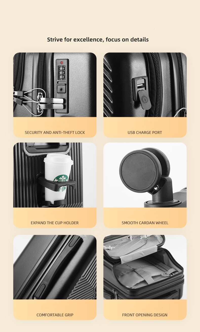 LoungeYard | Hard Shell Cabin Luggage with Cup Holder, USB Port & TSA Lock — product view 6