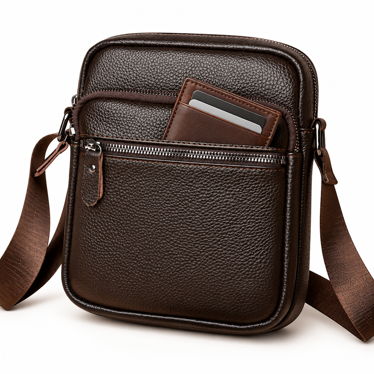 Compact Pebbled Leather Crossbody Messenger Bag with Adjustable Strap LoungeYard — product view 1