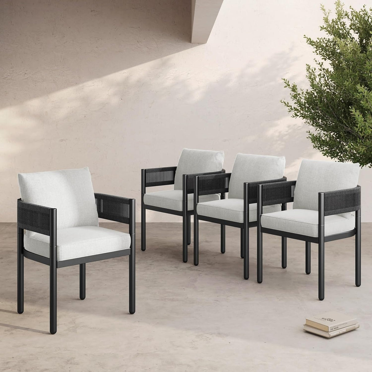 LOUNGE YARD Outdoor Dining Chair Set, Metal Woven Wicker Fixed Patio Chairs with Grey Cushions — product view 4