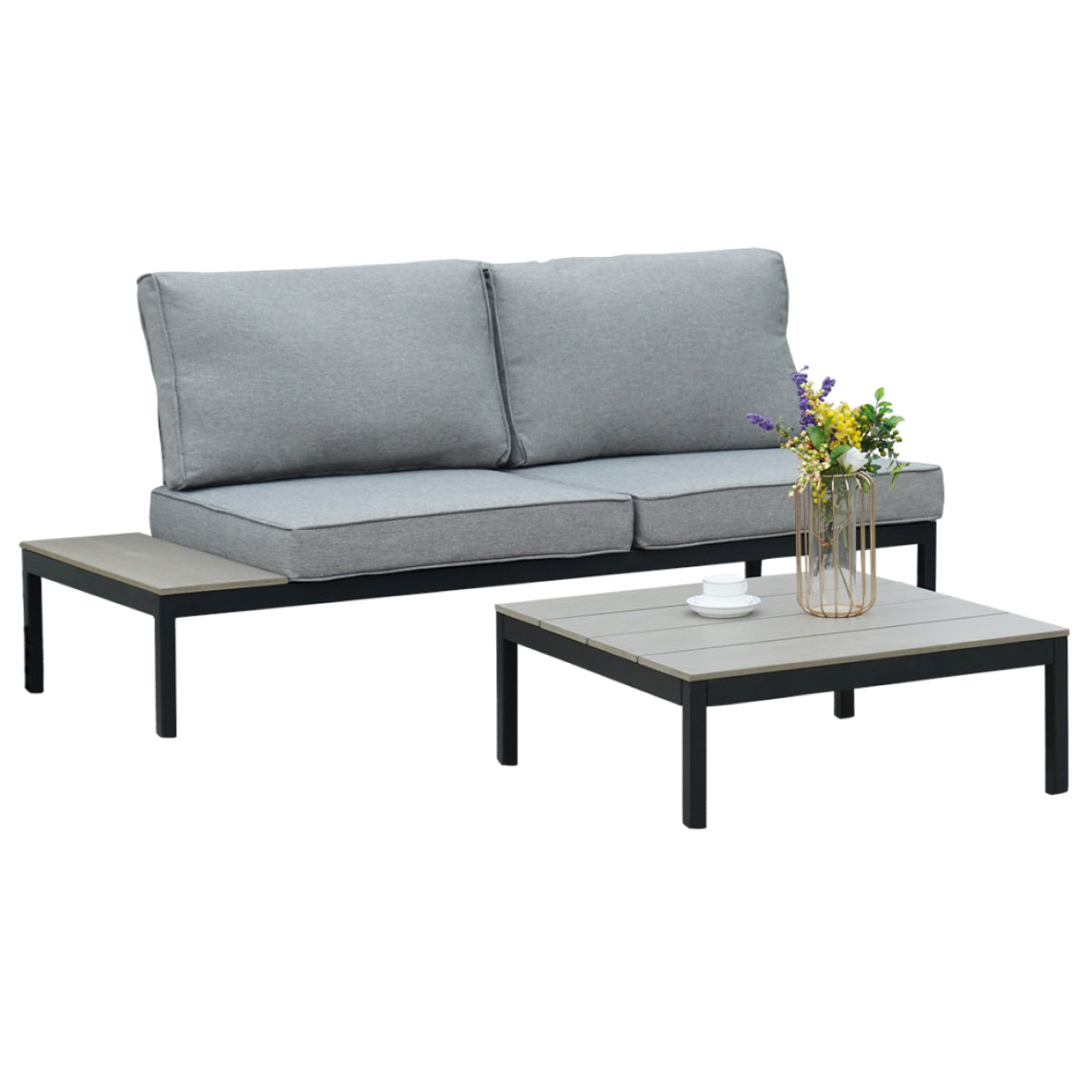 LOUNGE YARD Outdoor Sectional Sofa Set, Aluminum Frame Conversation Set with Cushion & Woodgrain Built-in Side Coffee Table, 4-Piece Modern Furniture Set for Poolside, Backyard, Deck, Gray — product view 5