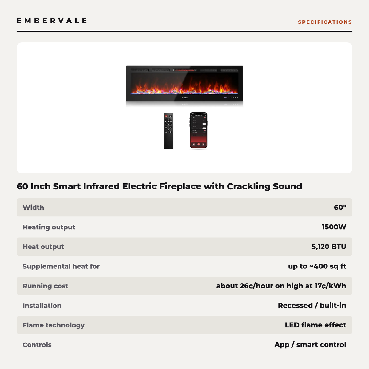 60 Inch Smart Infrared Electric Fireplace with Crackling Sound, WiFi Recessed Fireplace with Realistic Flame & 1500W Heater — product view 4