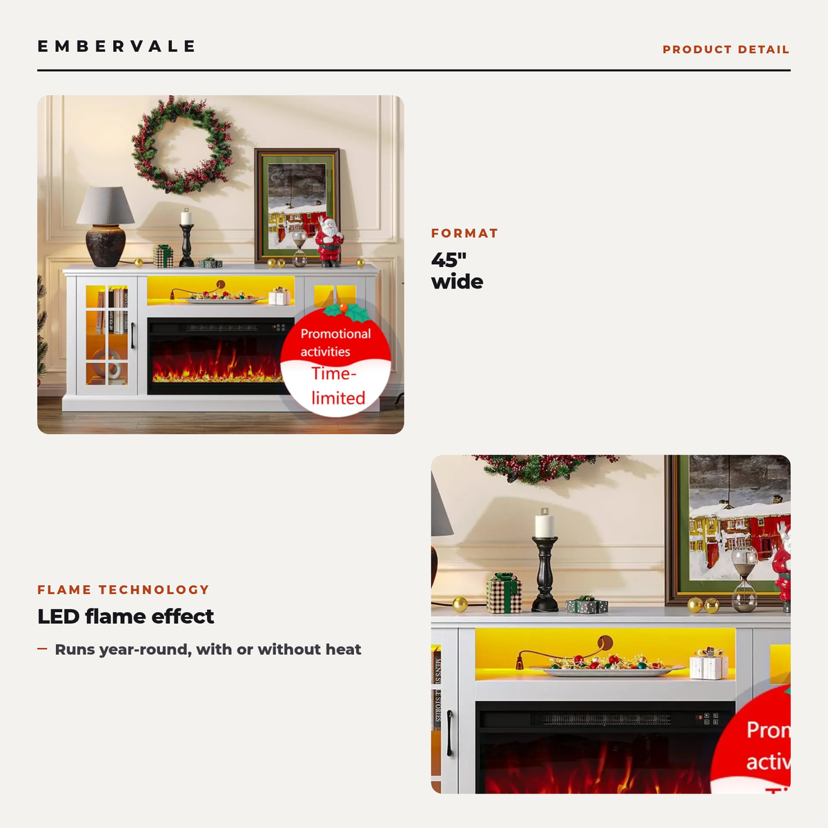 45 Inch Electric Fireplace TV Stand, Modern Media Console Entertainment Center, Storage Cabinets, Adjustable LED Flame for Living Rooms — product view 2
