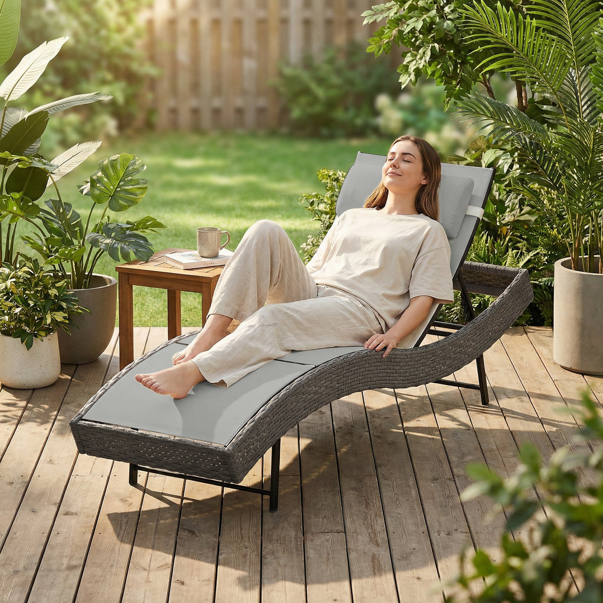 Rattan Sun Lounger with S-Shaped Seat and 5-Position Backrest, Light Grey — product view 4
