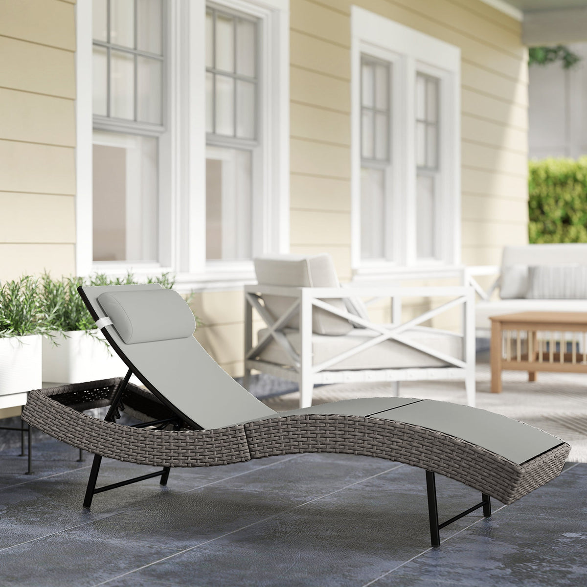 Rattan Sun Lounger with S-Shaped Seat and 5-Position Backrest, Light Grey — product view 3